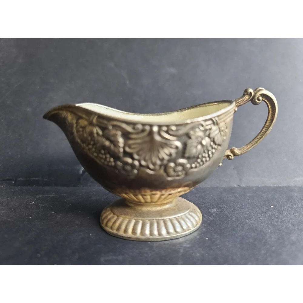 Vintage Silver Plated Creamer Sugar Tray Set Japan Grape Repousse Floral Motif